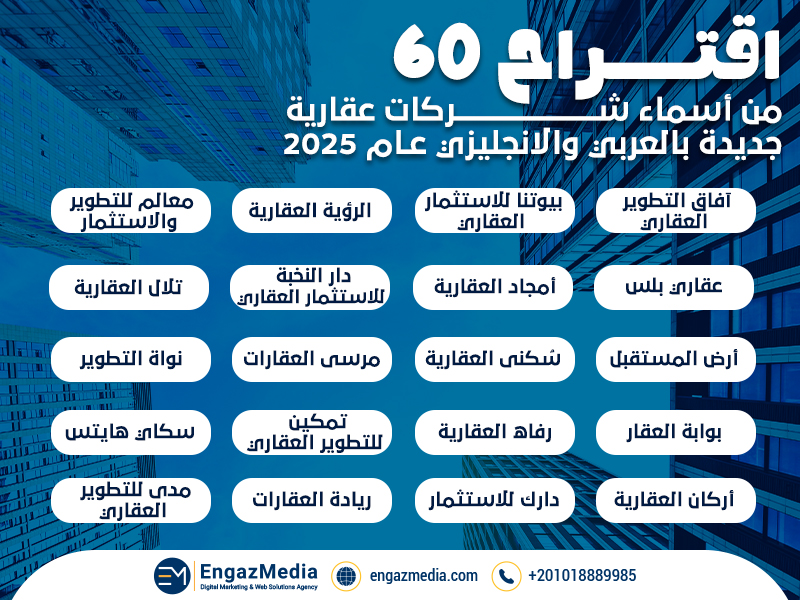 اقتراح 60 من أسماء شركات عقارية جديدة بالعربي والانجليزي عام 2025