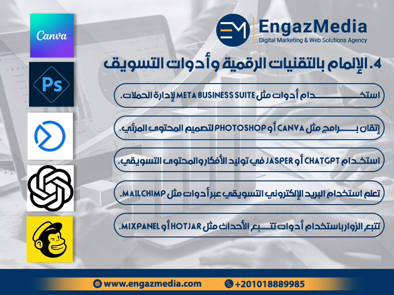 4. الإلمام بالتقنيات الرقمية وأدوات التسويق
