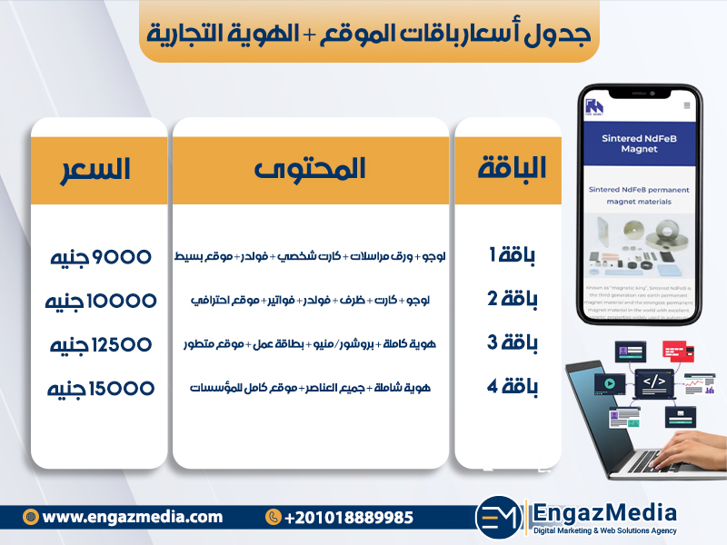 جدول أسعار باقات تصميم المواقع + الهوية التجارية
