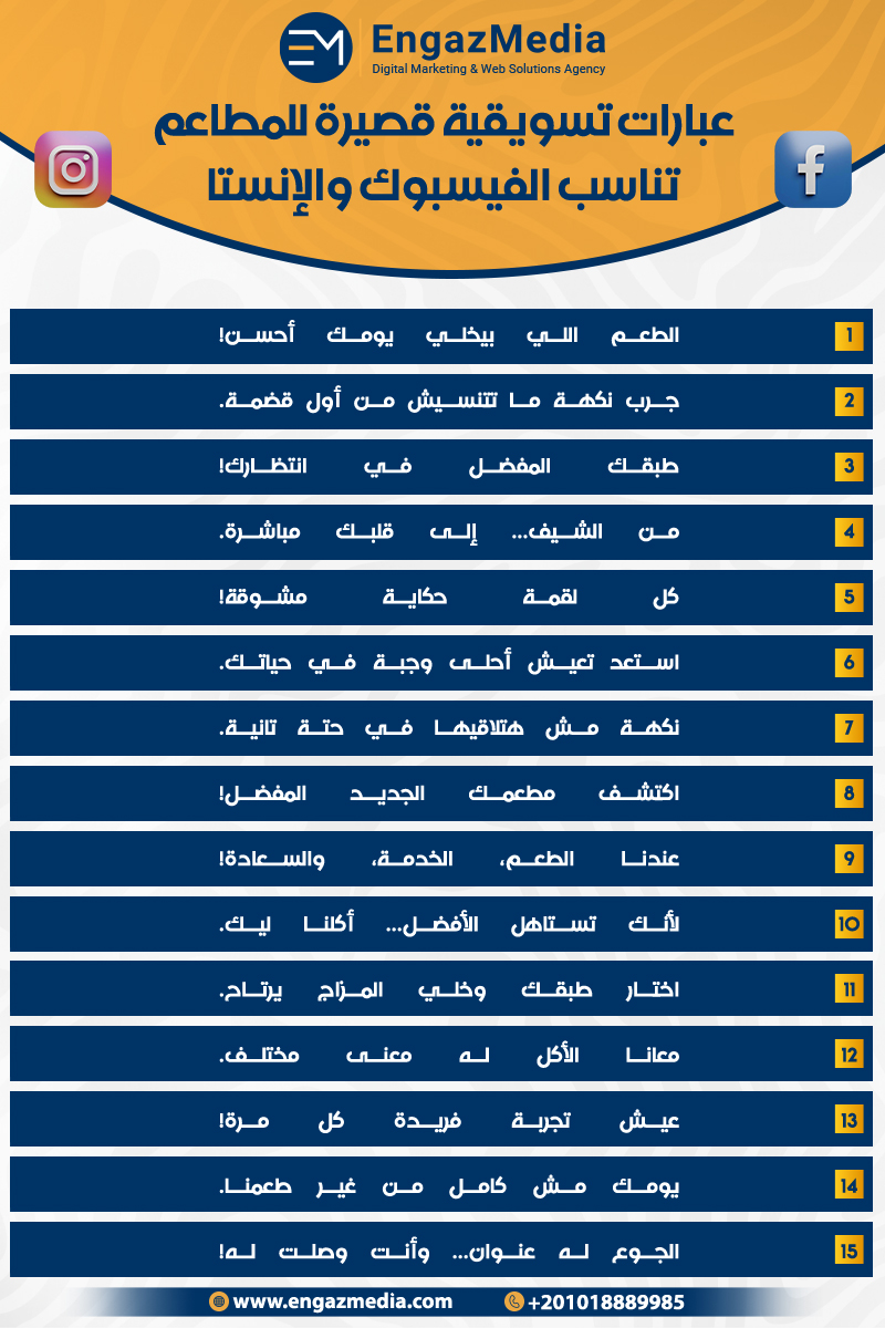 عبارات تسويقية قصيرة للمطاعم تناسب الفيسبوك والإنستا