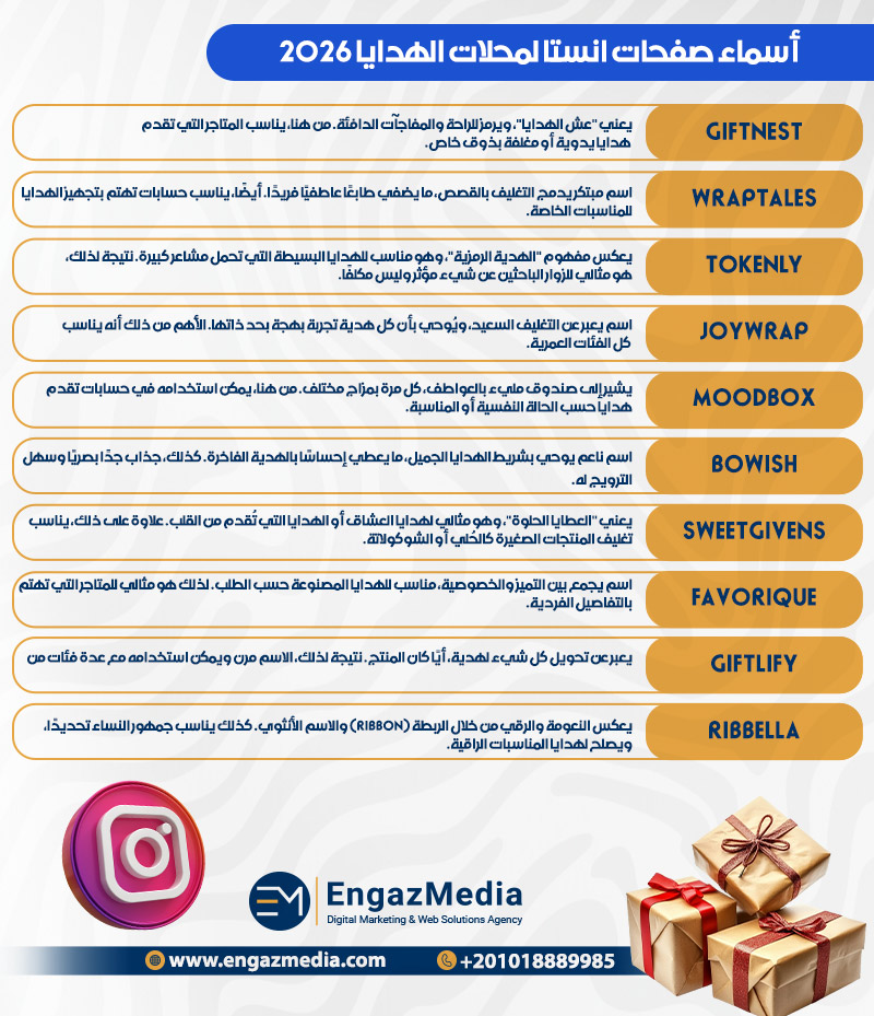 أسماء صفحات انستا لمحلات الهدايا 2026