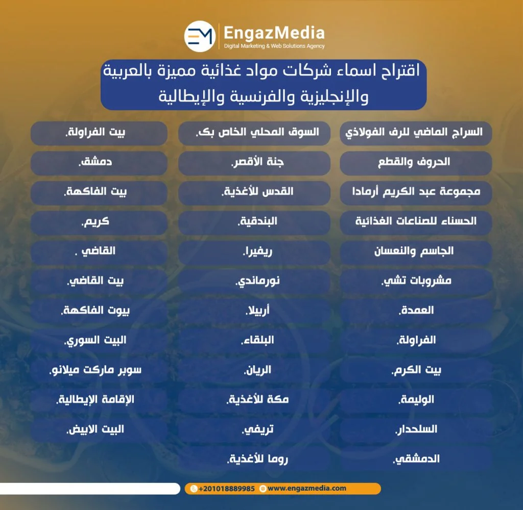 اقتراح اسماء شركات مواد غذائية مميزة بالعربية والإنجليزية والفرنسية والإيطالية