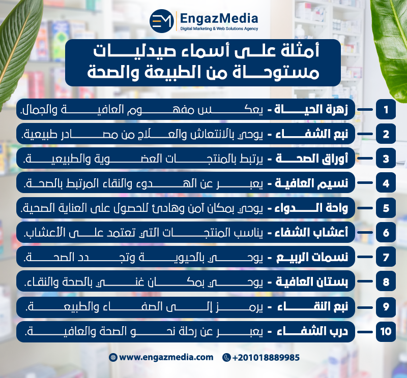 أمثلة على أسماء صيدليات مستوحاة من الطبيعة والصحة
