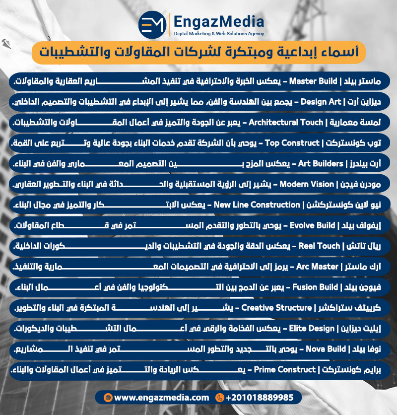 أسماء إبداعية ومبتكرة لشركات المقاولات والتشطيبات