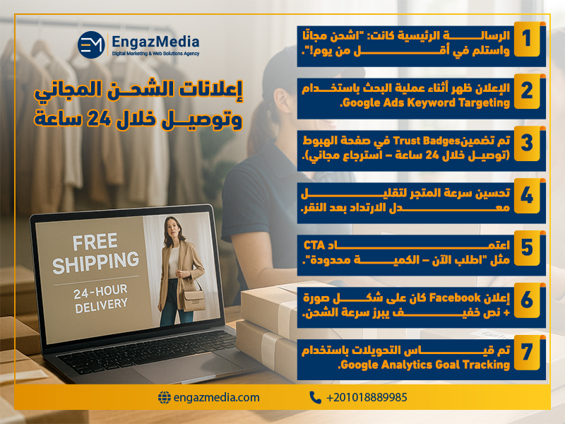 إعلانات الشحن المجاني وتوصيل خلال 24 ساعة