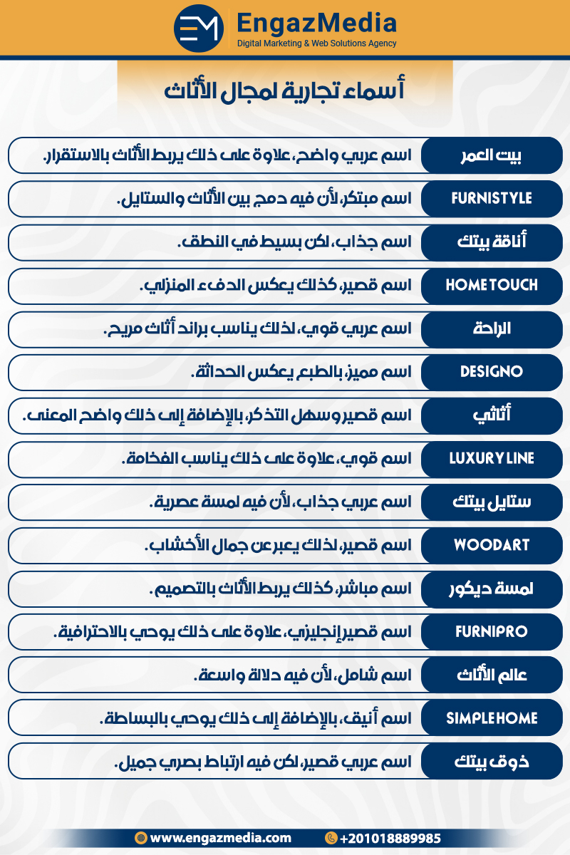 أسماء تجارية لمجال الأثاث