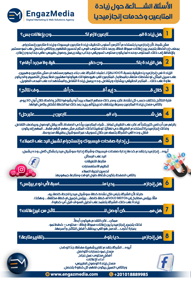 الأسئلة الشائعة حول زيادة المتابعين وخدمات إنجاز ميديا
