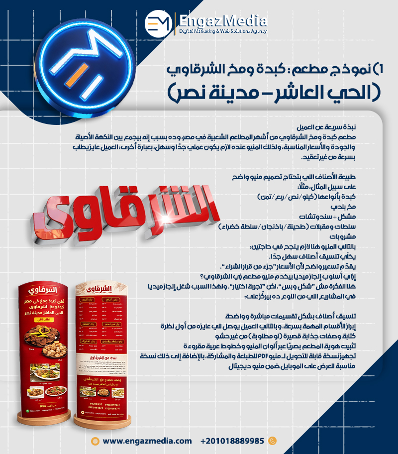 1) نموذج مطعم: كبدة ومخ الشرقاوي (الحي العاشر – مدينة نصر)
