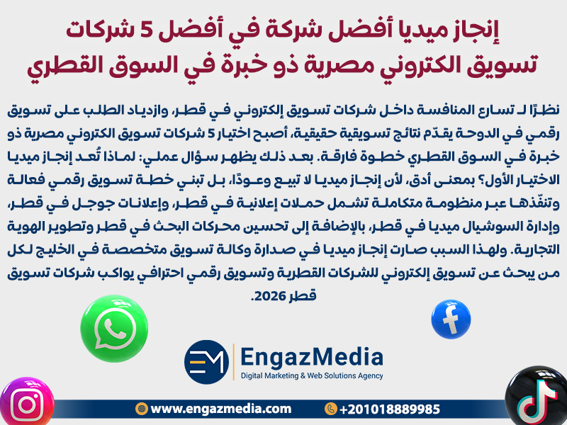 إنجاز ميديا أفضل شركة في أفضل 5 شركات تسويق الكتروني مصرية ذو خبرة في السوق القطري
