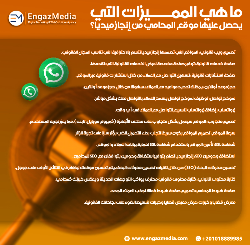 ما هي المميزات التي يحصل عليها موقع المحامي من إنجاز ميديا؟