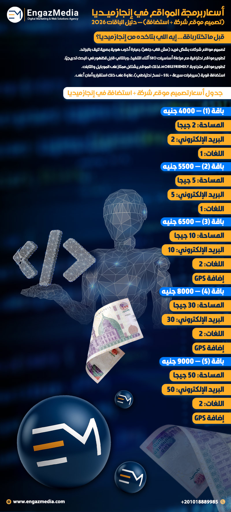 أسعار برمجة المواقع في إنجاز ميديا (تصميم موقع شركة + استضافة) — دليل الباقات 2026
