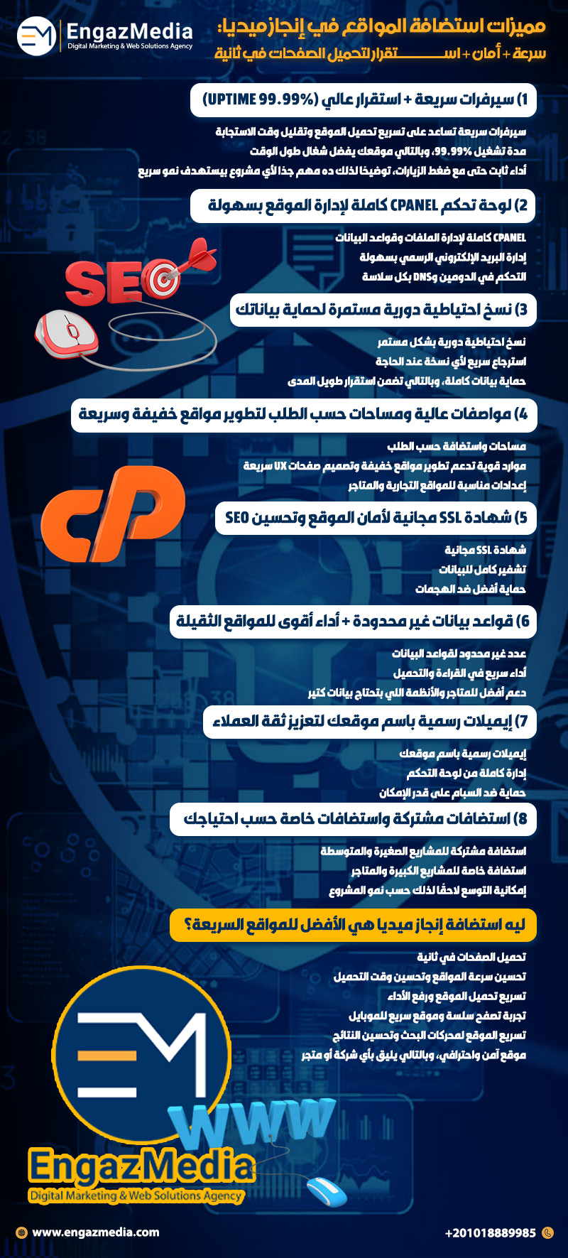  مميزات استضافة المواقع في إنجاز ميديا: سرعة + أمان + استقرار لتحميل الصفحات في ثانية