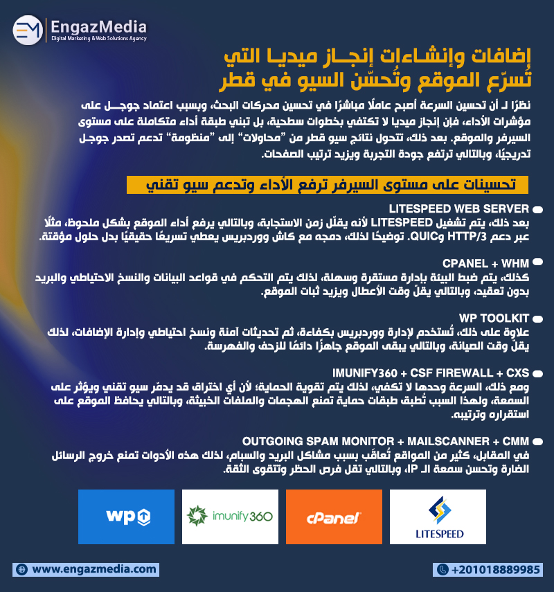 إضافات وإنشاءات إنجاز ميديا التي تُسرّع الموقع وتُحسّن السيو في قطر 