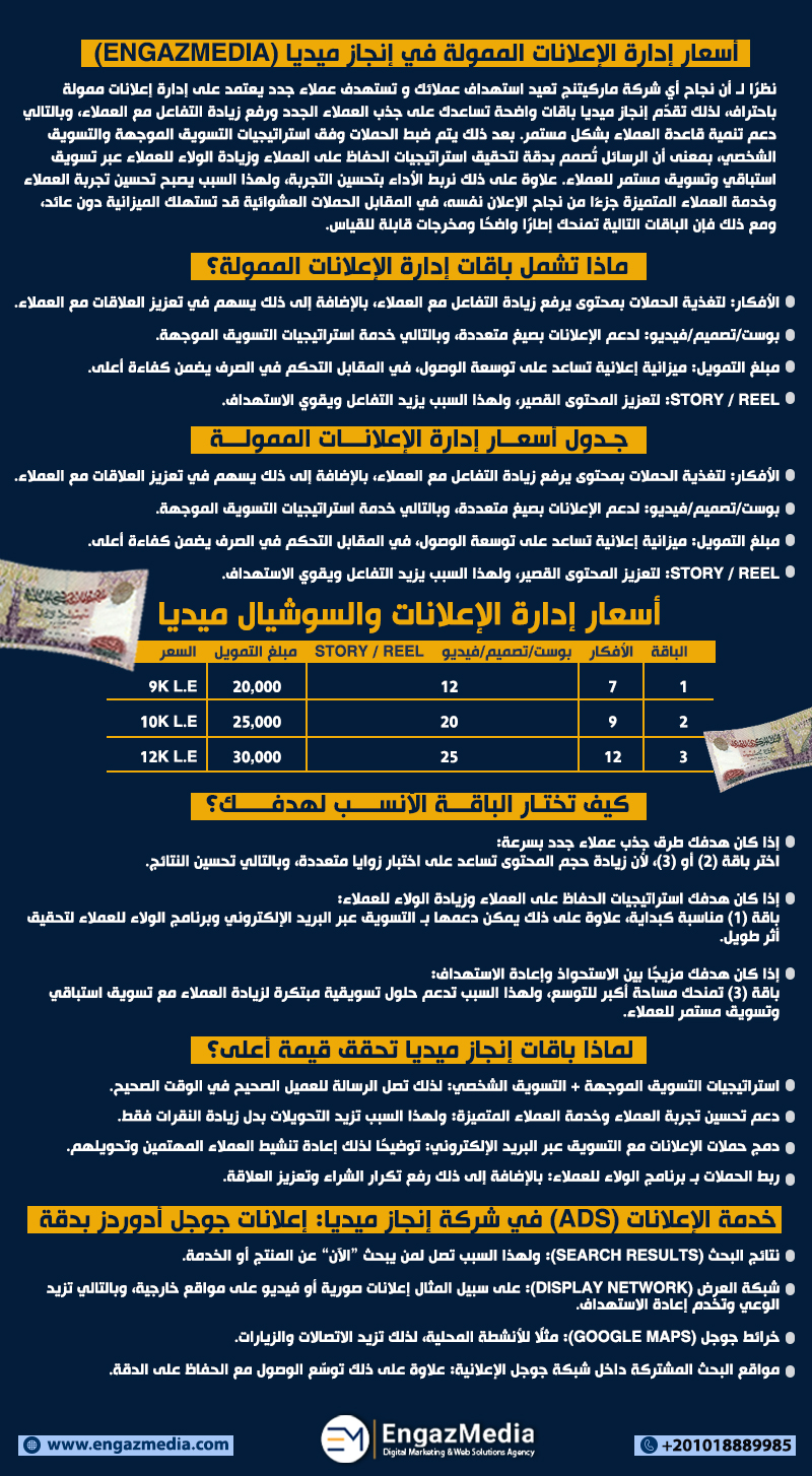 أسعار إدارة الإعلانات الممولة في إنجاز ميديا (EngazMedia)