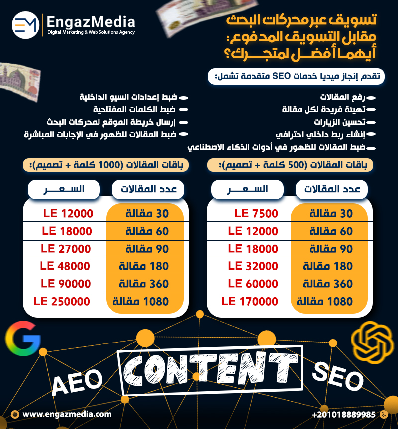 باقات AEO & SEO – دعم المحتوى وتهيئة السيو