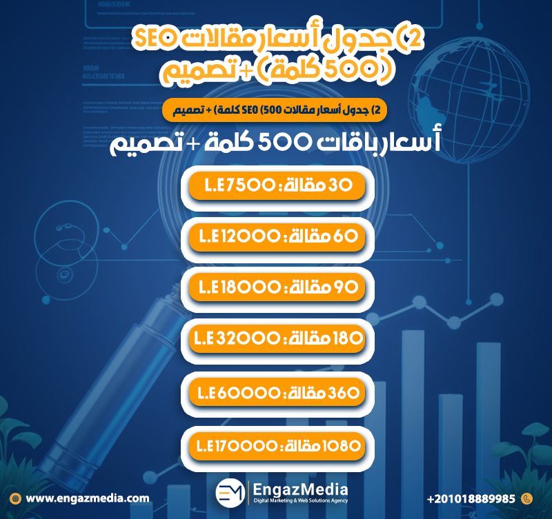 2) جدول أسعار مقالات SEO (500 كلمة) + تصميم