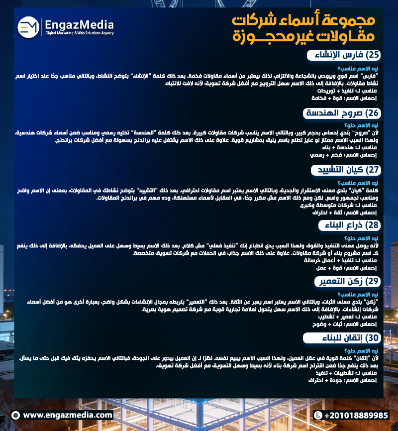 مجموعة أسماء شركات مقاولات غير محجوزة 
