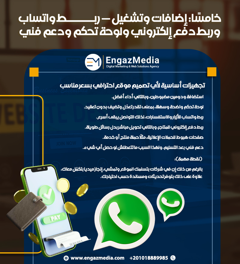 خامسًا: إضافات وتشغيل — ربط واتساب وربط دفع إلكتروني ولوحة تحكم ودعم فني
