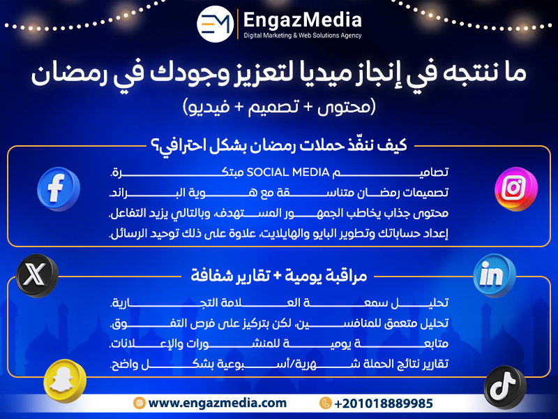 ما ننتجه في إنجاز ميديا لتعزيز وجودك في رمضان (محتوى + تصميم + فيديو)