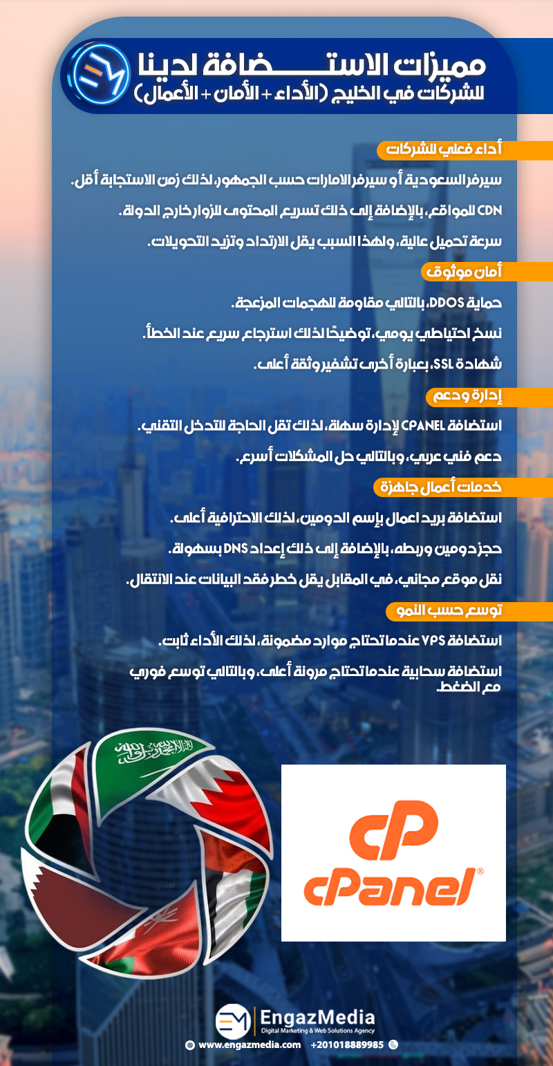 مميزات الاستضافة لدينا للشركات في الخليج (الأداء + الأمان + الأعمال)