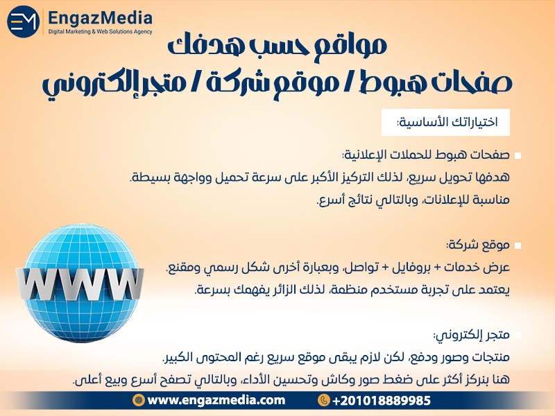 مواقع حسب هدفك: صفحات هبوط / موقع شركة / متجر إلكتروني