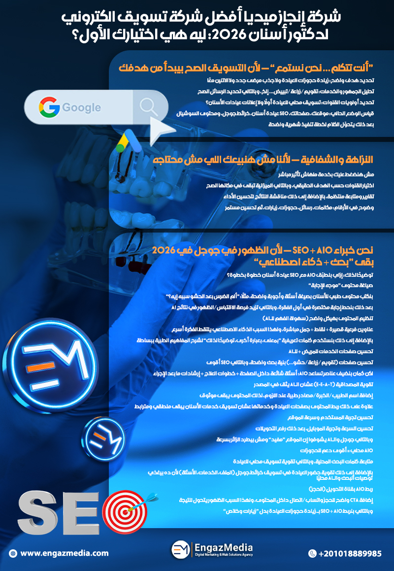 شركة إنجاز ميديا أفضل شركة تسويق الكتروني لدكتور أسنان 2026: ليه هي اختيارك الأول؟