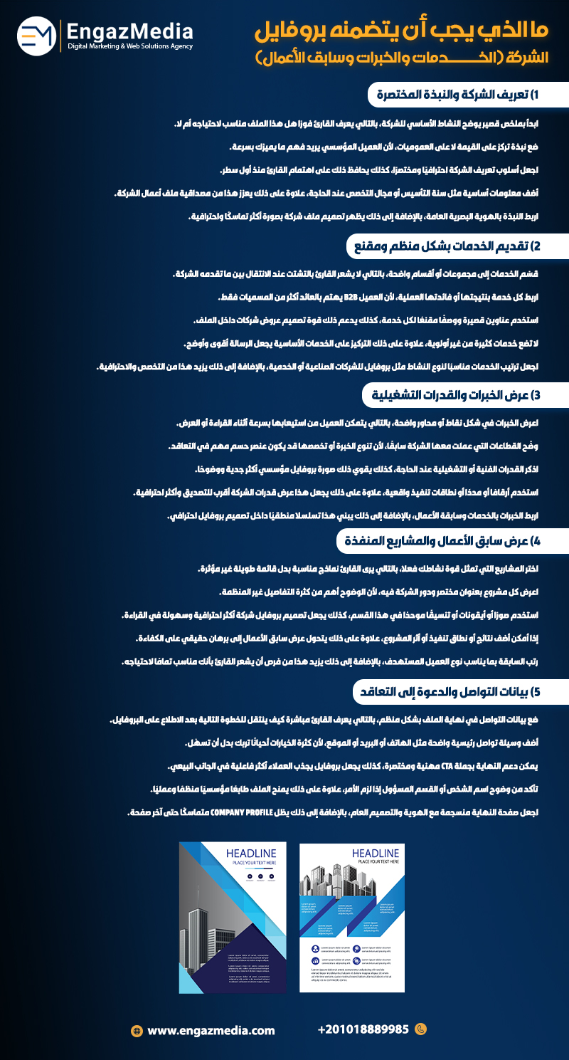 ما الذي يجب أن يتضمنه بروفايل الشركة (الخدمات والخبرات وسابق الأعمال)
