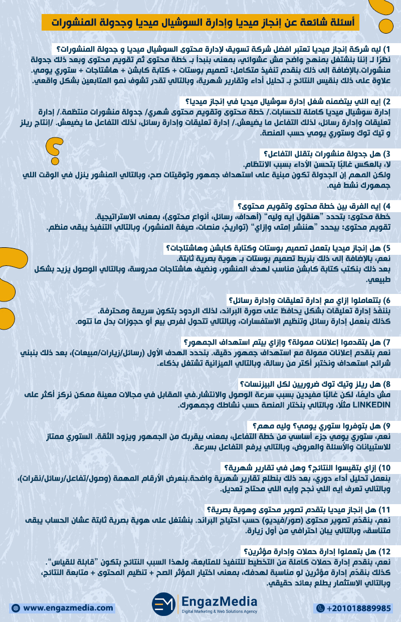 أسئلة شائعة عن إنجاز ميديا وإدارة السوشيال ميديا وجدولة المنشورات
