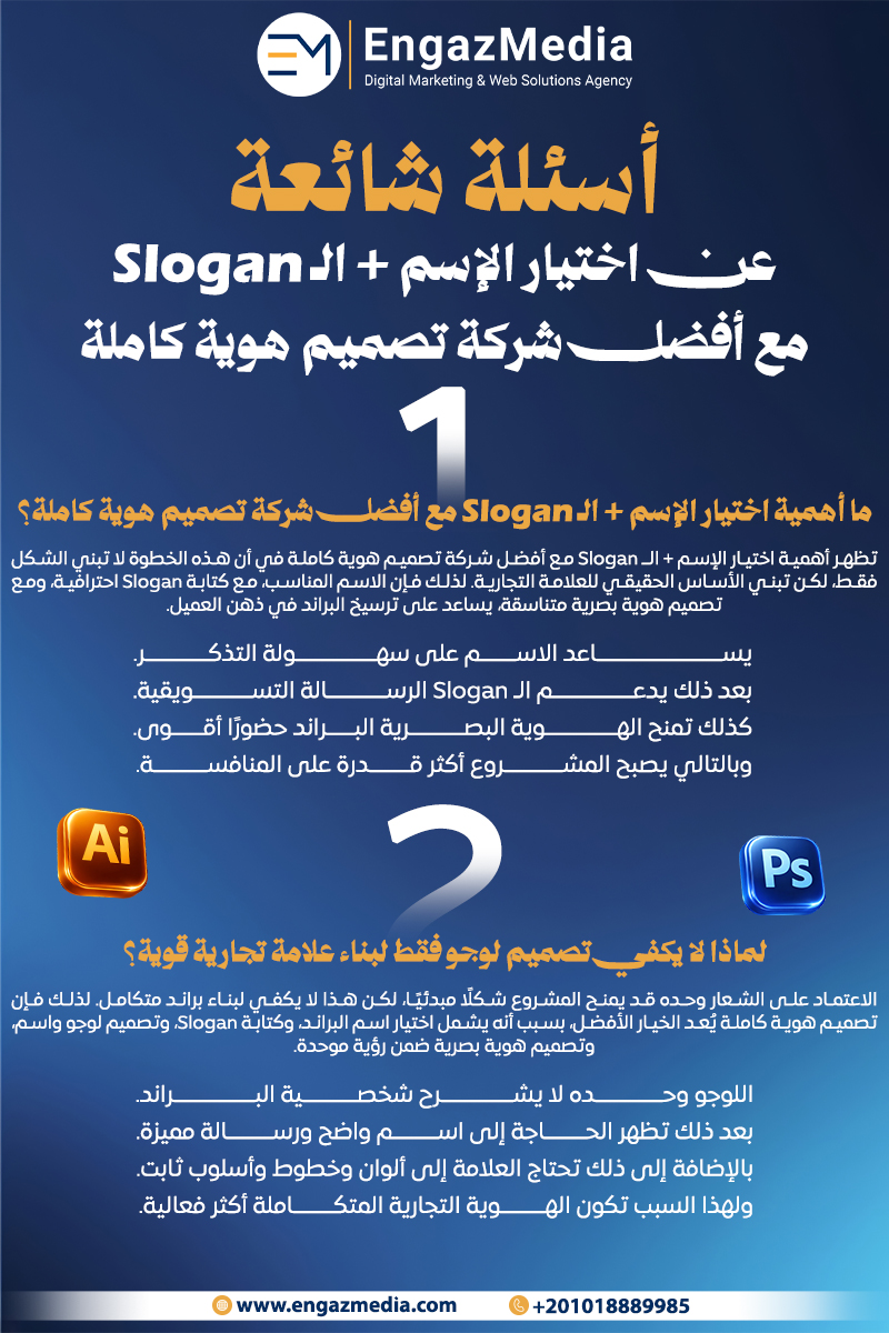 أسئلة شائعة عن اختيار الإسم + الـ Slogan مع أفضل شركة تصميم هوية كاملة