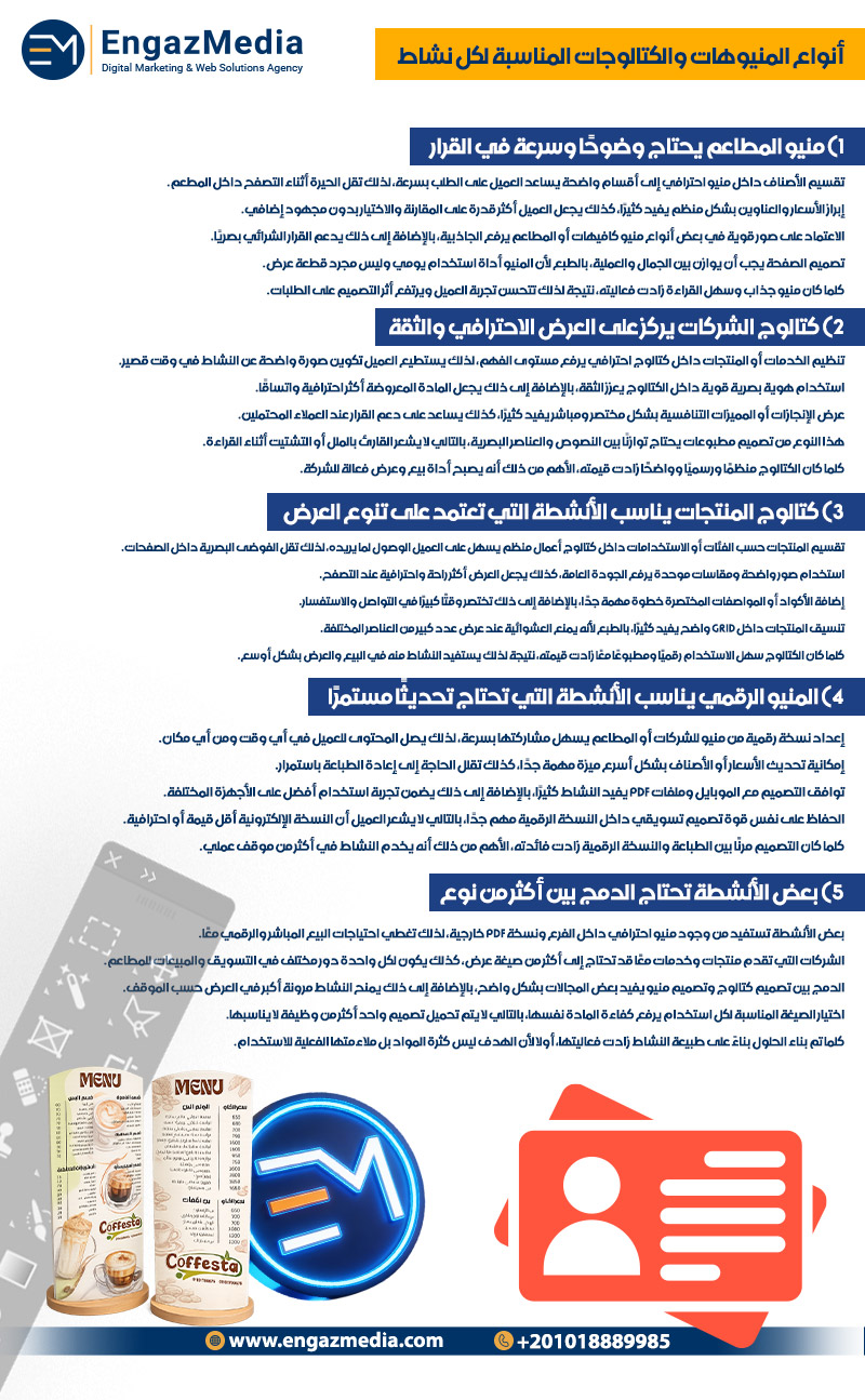 أنواع المنيوهات والكتالوجات المناسبة لكل نشاط