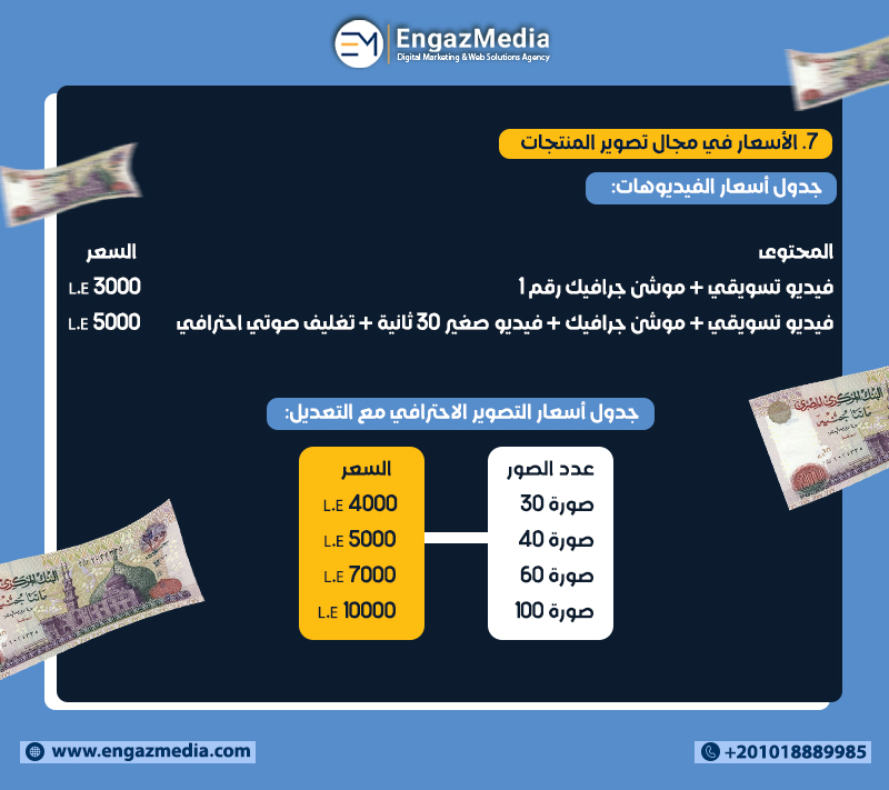 7. الأسعار في مجال تصوير المنتجات