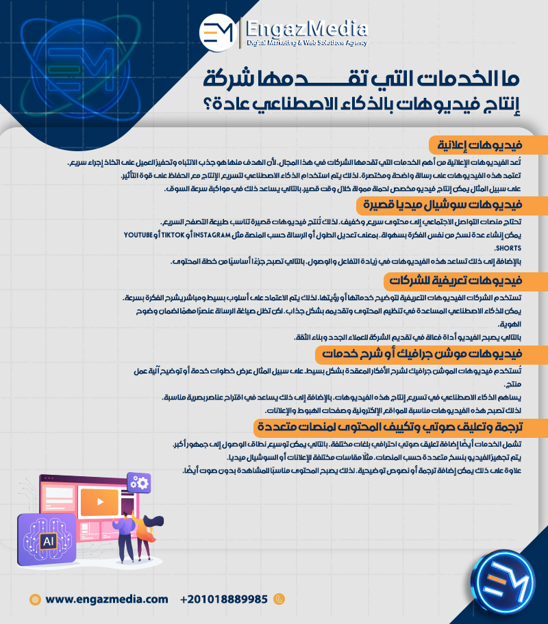 ما الخدمات التي تقدمها شركة إنتاج فيديوهات بالذكاء الاصطناعي عادة؟
